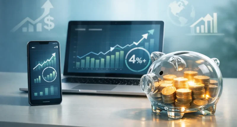Professional financial dashboard showing 4.8% APY high-yield savings growth on a tablet, representing 2026 banking trends.