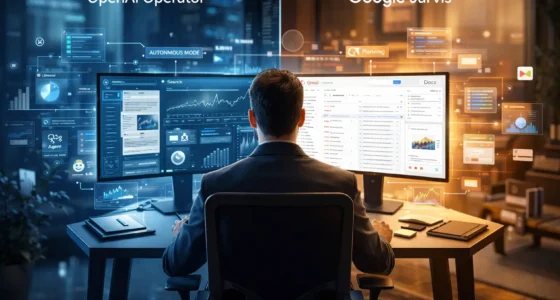 A professional remote worker sitting at a high-tech desk with dual monitors comparing OpenAI Operator and Google Jarvis AI agents in autonomous mode.