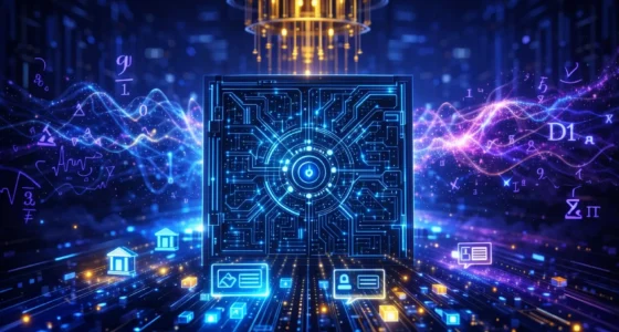 A futuristic digital fortress shield with neon lattice patterns representing post-quantum encryption and data security.