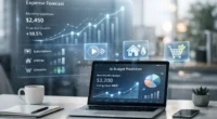 A professional laptop screen displaying a 3D financial dashboard with AI-driven expense forecasting charts for 2026.