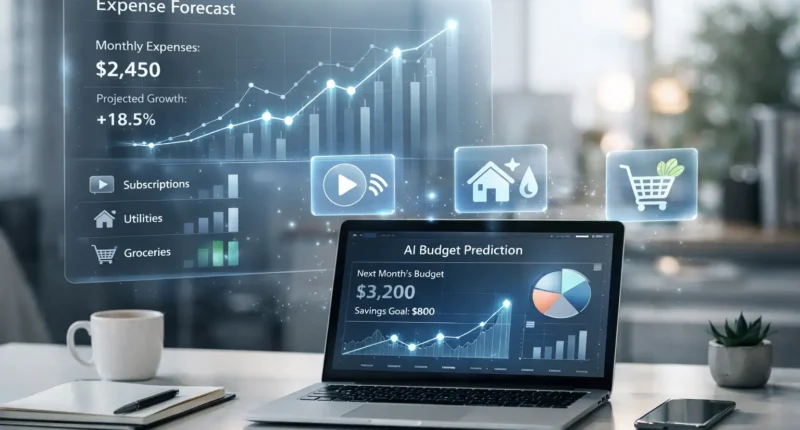 A professional laptop screen displaying a 3D financial dashboard with AI-driven expense forecasting charts for 2026.
