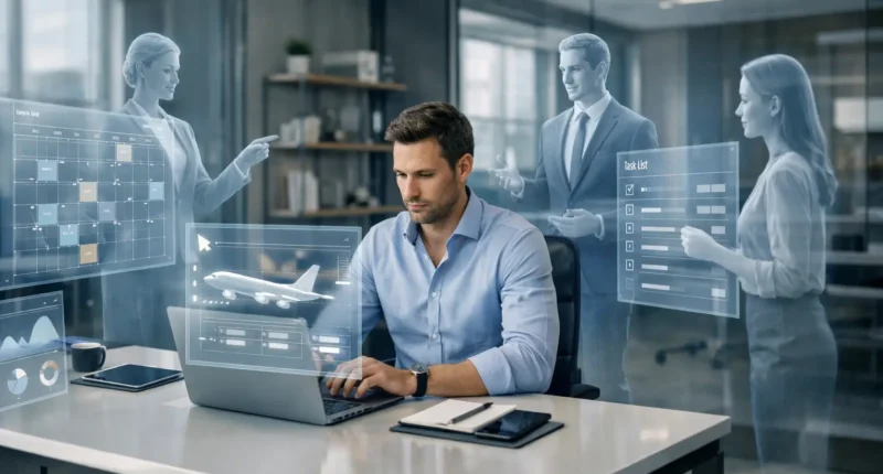 A professional man in a modern office supervising three holographic autonomous AI agents displaying tasks, calendars, and travel data on virtual screens.
