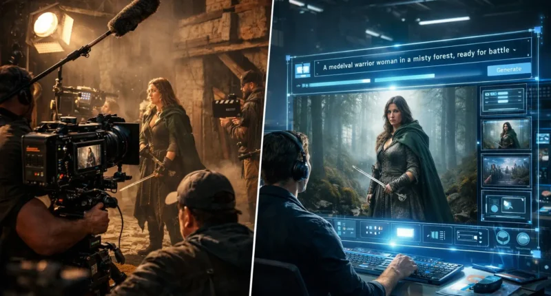 Professional workspace with a widescreen monitor displaying AI-generated cinematic video from OpenAI Sora.