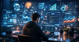 A freelancer working on a laptop with futuristic holographic screens showing AI interfaces for Research, Design, Code, and Analytics in a 2026 home office setting.