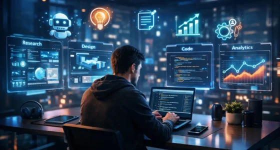 A freelancer working on a laptop with futuristic holographic screens showing AI interfaces for Research, Design, Code, and Analytics in a 2026 home office setting.