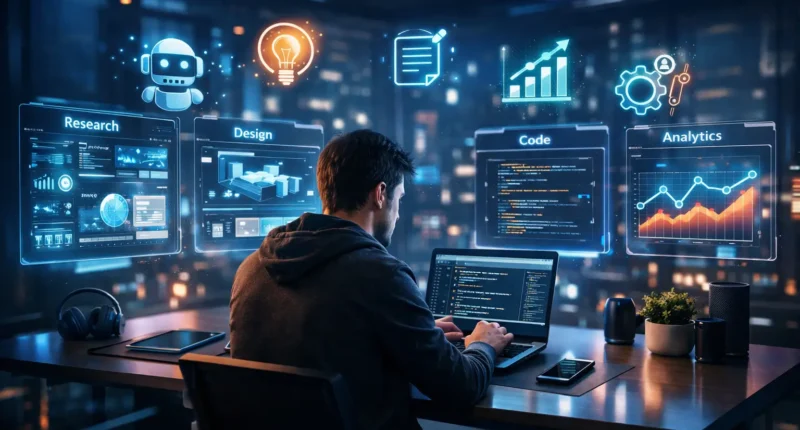 A freelancer working on a laptop with futuristic holographic screens showing AI interfaces for Research, Design, Code, and Analytics in a 2026 home office setting.
