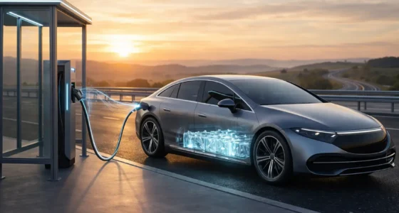 A technical cross-section of Toyota 2026 solid-state battery with sulfide electrolyte vs traditional liquid lithium-ion cell in a laboratory setting