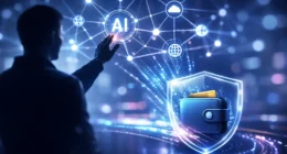 A futuristic digital shield and blockchain nodes representing Web 4.0 data ownership and privacy.