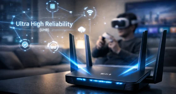 Futuristic Wi-Fi 8 router with glowing blue lights in a modern smart home setting representing UHR technology.