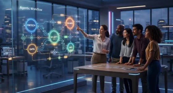 A confident software engineer in a 2026 office orchestrating a complex agentic workflow and secure RAG pipelines on a glowing transparent interface.