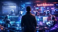 A professional AI architect managing autonomous AI agents through a high-tech interface, illustrating agent orchestration as a top tech skill in 2026.