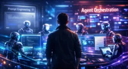 A professional AI architect managing autonomous AI agents through a high-tech interface, illustrating agent orchestration as a top tech skill in 2026.