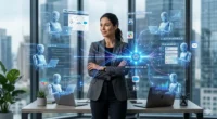 A professional woman standing in a modern office with holographic AI agents automating multiple business workflows and data dashboards.