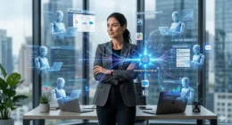 A professional woman standing in a modern office with holographic AI agents automating multiple business workflows and data dashboards.