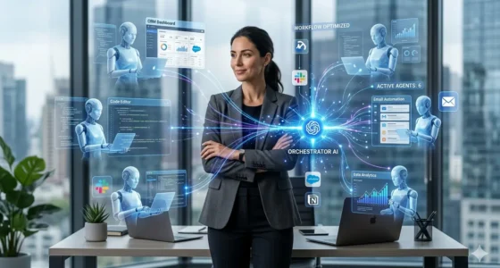 A professional woman standing in a modern office with holographic AI agents automating multiple business workflows and data dashboards.