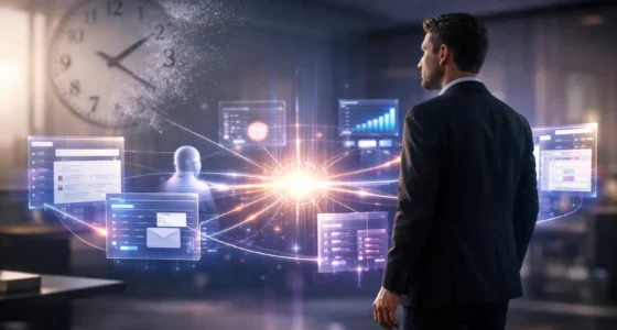 A modern professional orchestrating multiple autonomous AI agents and digital swarms in a futuristic 2026 office environment