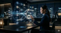 Professional AI architect designing a multi-agent orchestration system on a holographic 3D interface in a modern 2026 workspace.