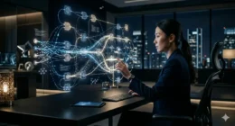 Professional AI architect designing a multi-agent orchestration system on a holographic 3D interface in a modern 2026 workspace.