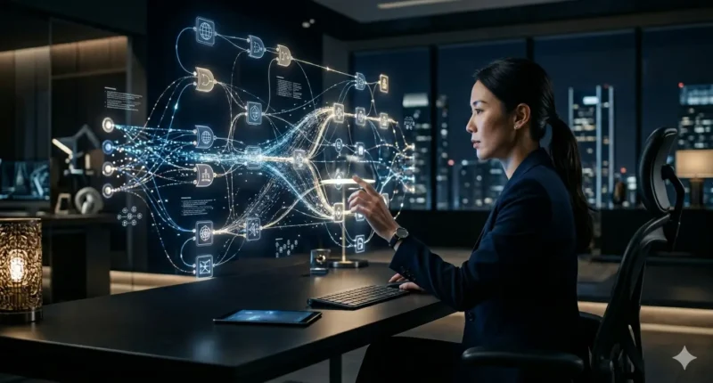 Professional AI architect designing a multi-agent orchestration system on a holographic 3D interface in a modern 2026 workspace.