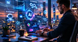 A professional woman uses a glowing 3D holographic dashboard with AI agent icons in a futuristic 2026 office. Synapse laptop and plants visible.