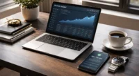 A professional workspace showing a laptop with an AI-powered stock investment dashboard and a smartphone with risk guardrails active notification.