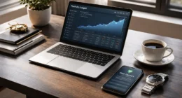 A professional workspace showing a laptop with an AI-powered stock investment dashboard and a smartphone with risk guardrails active notification.