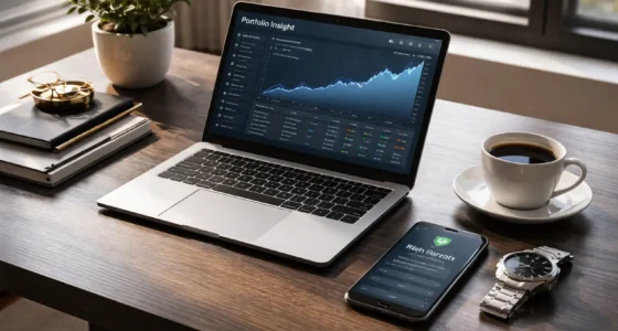 A professional workspace showing a laptop with an AI-powered stock investment dashboard and a smartphone with risk guardrails active notification.