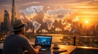 A digital nomad working on a laptop with a holographic world map showing tax-free countries like UAE, Spain, and Malaysia.