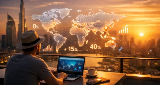 A digital nomad working on a laptop with a holographic world map showing tax-free countries like UAE, Spain, and Malaysia.