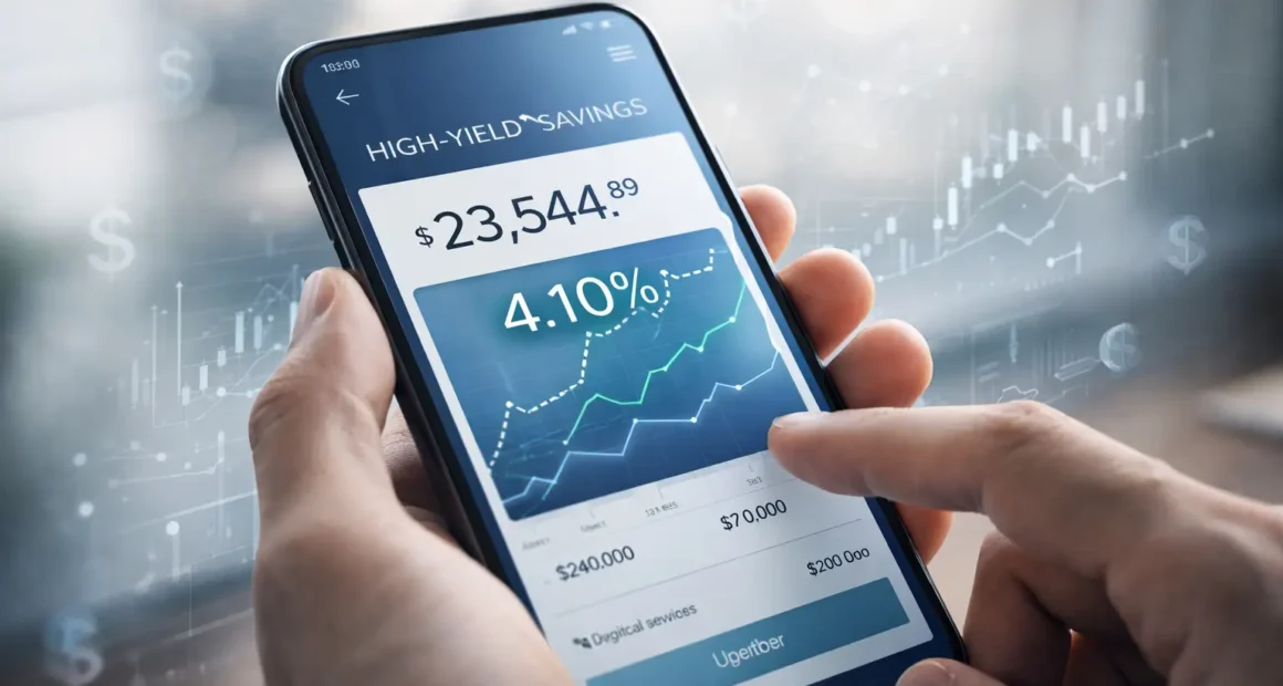 A professional hand holding a titanium card over a laptop screen displaying a 4.10% APY high-yield savings account dashboard and 2026 financial growth chart.