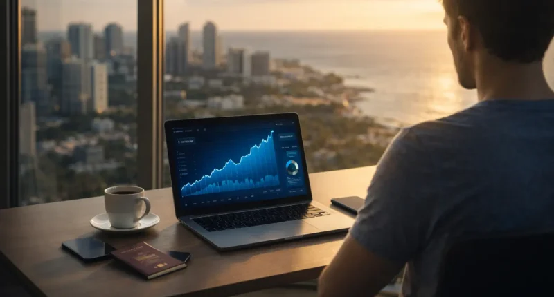 A digital nomad in 2026 working remotely while managing a high-yield savings account showing 5% APY growth.