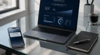 Professional financial AI dashboard on a laptop screen over a modern glass desk, illustrating a custom GPT for personal finance.
