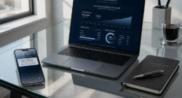 Professional financial AI dashboard on a laptop screen over a modern glass desk, illustrating a custom GPT for personal finance.
