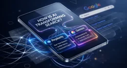 A futuristic digital tablet showing AI search results from Perplexity and Gemini with citations in a 2026 tech environment.