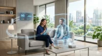 A woman in a modern living room interacting with a life-sized 3D hologram using future 6G technology and high-speed connectivity.