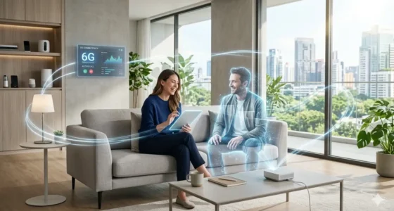 A woman in a modern living room interacting with a life-sized 3D hologram using future 6G technology and high-speed connectivity.