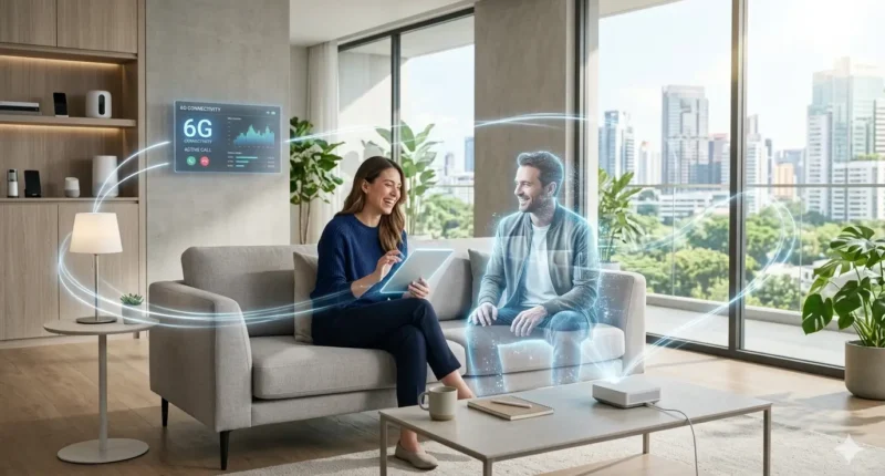 A woman in a modern living room interacting with a life-sized 3D hologram using future 6G technology and high-speed connectivity.