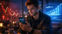 A Gen Z investor comparing a volatile red stock market chart with a stable blue 6% APY high-yield savings account growth on a digital interface.