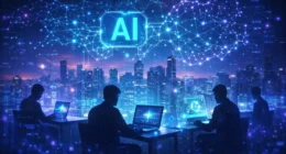 Professional workspace with tablet showing digital human brain and global data nodes representing ghost work economy in 2026