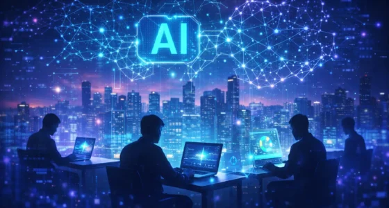 Professional workspace with tablet showing digital human brain and global data nodes representing ghost work economy in 2026