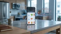 Close-up of Google Pixel 10 screen showing Gemini Agentic AI processing a grocery cart with biometric confirmation icon in a city setting.