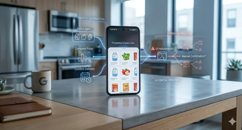Close-up of Google Pixel 10 screen showing Gemini Agentic AI processing a grocery cart with biometric confirmation icon in a city setting.