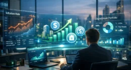 A professional digital finance dashboard on a tablet showing 4.2% APY and growth charts for a digital asset portfolio.