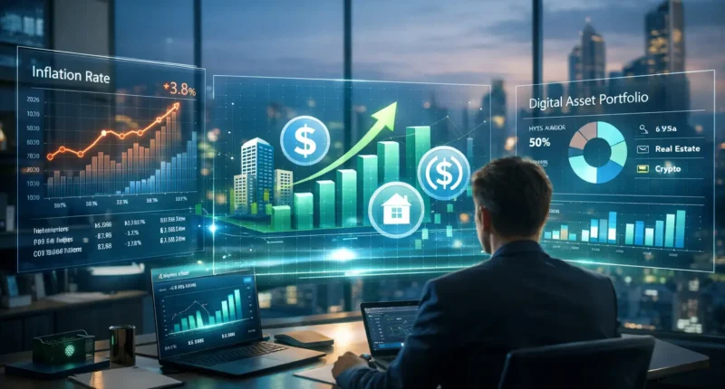 A professional digital finance dashboard on a tablet showing 4.2% APY and growth charts for a digital asset portfolio.