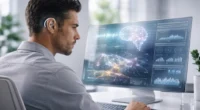 A professional using a Neuralink brain-computer interface implant in a futuristic workspace with a semi-transparent screen.