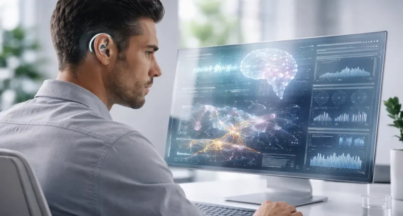 A professional using a Neuralink brain-computer interface implant in a futuristic workspace with a semi-transparent screen.