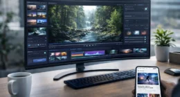 A diverse team of digital marketers in 2026 discussing AI-generated video content and data analytics on a large transparent holographic display in a futuristic office.