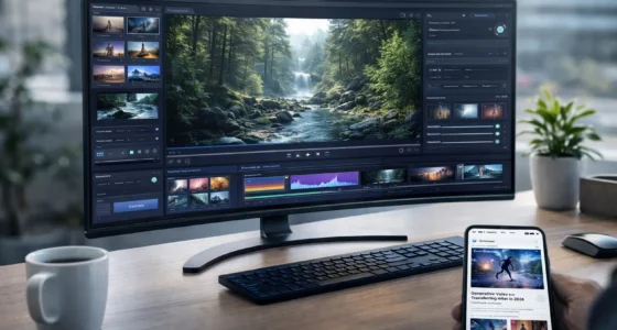 A diverse team of digital marketers in 2026 discussing AI-generated video content and data analytics on a large transparent holographic display in a futuristic office.