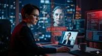 A professional woman analyzing a deepfake video call on a laptop with digital AI detection overlays and warning symbols in a dark cybersecurity office.