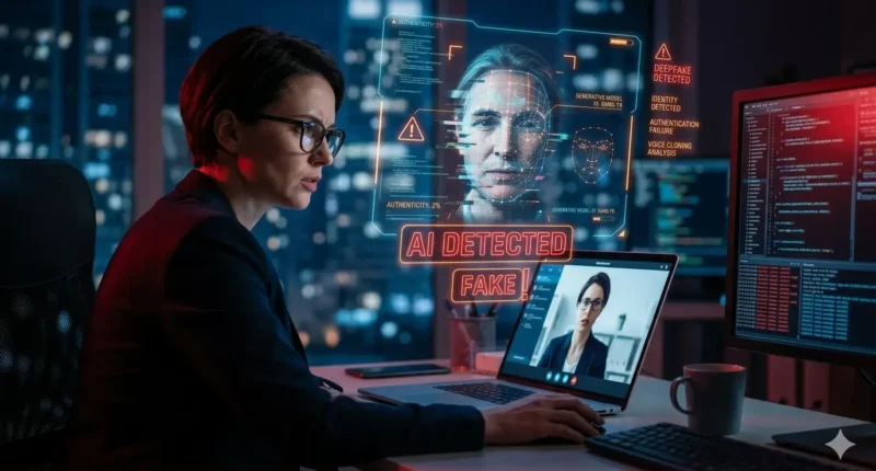A professional woman analyzing a deepfake video call on a laptop with digital AI detection overlays and warning symbols in a dark cybersecurity office.